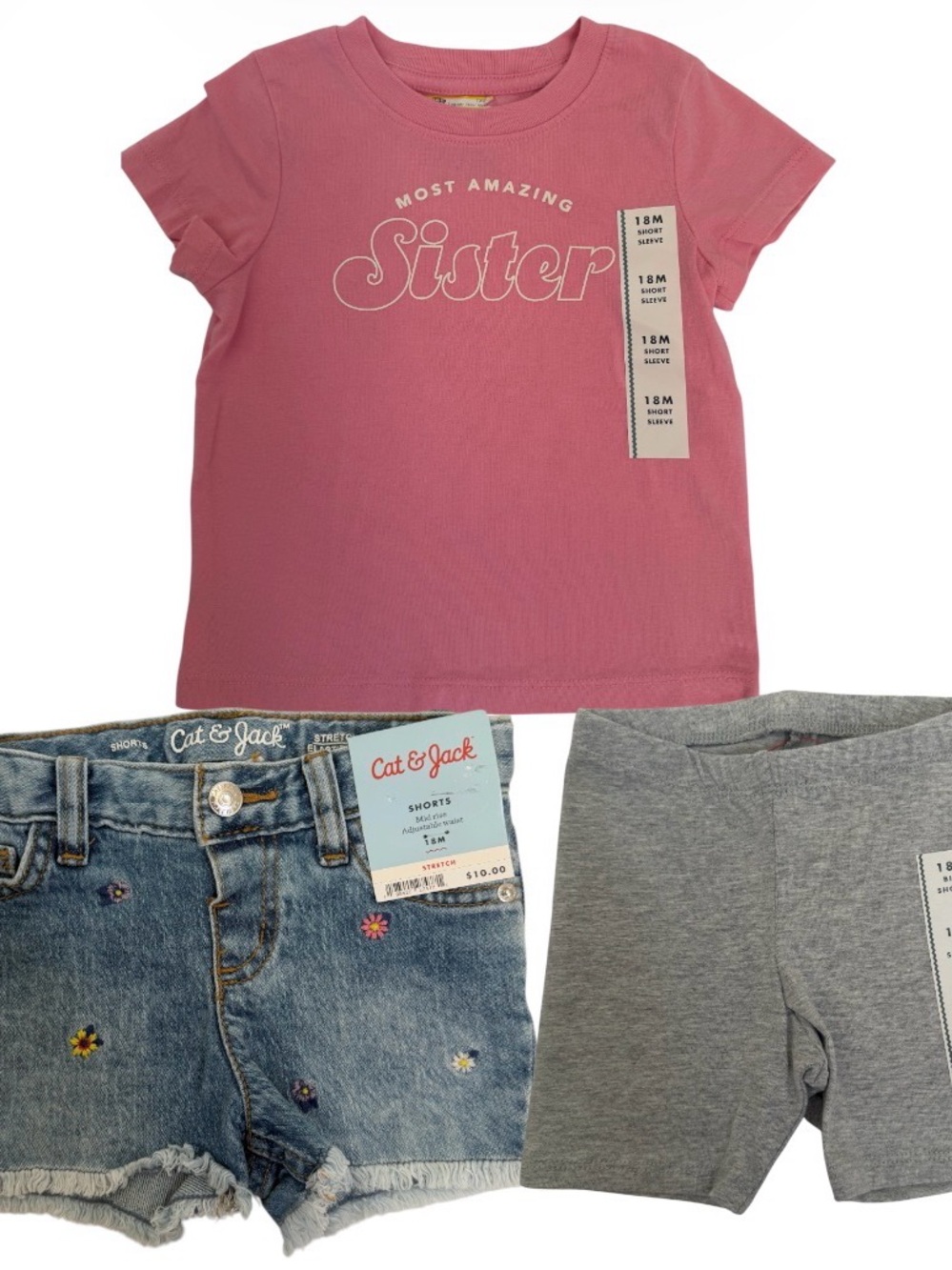 Cat & Jack Toddler Girl 3pc Outfit Set Sister Tee Shorts 18M NWT